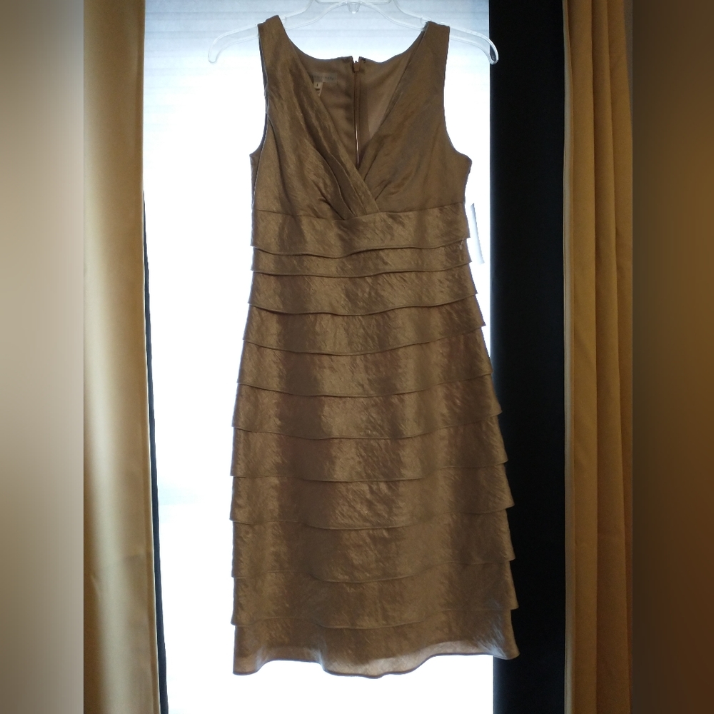 London Times Light Gold Deep V Cocktail Dress